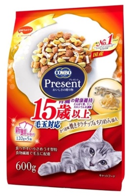 Натуральный комбинированный корм PRESENT для кошек 15+ на основе японского тунца бонито с чипсами из трески для выведения шерсти и коэнзимом Q10 для активного долголетия, 600 г
