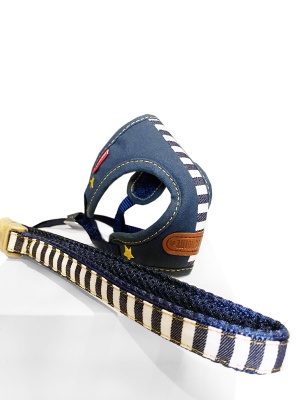Набор шлейка + поводок Английский стиляга с силиконовой защитой и двойным креплением, размер SS (цвет: синий)