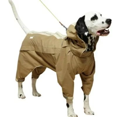Спортивный дождевик-комбинезон с усиленным светоотражением для активных собак. Размер XXL. Цвет бежевый хаки. Унисекс